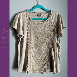 Chicos | Soft and Lightweight Tan Embroidered Short Sleeve Blouse | Size: 2XL
